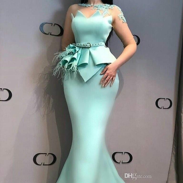 Aso Ebi Evening Dresses 2021 Arabic Sexy Sheer Appliqued Feather Lace Mermaid Prom Dresses Satin Formal Party Bridesmaid Pageant Gowns