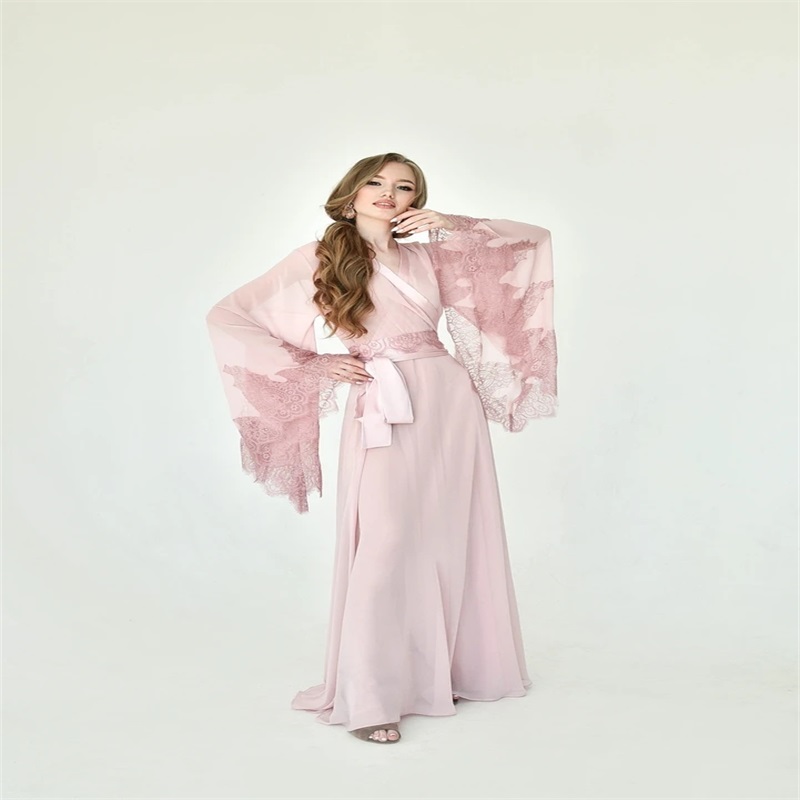 Newest Bride Sleepwear Lace Ruched Chiffon Robes Sash Night Gown Long Sleeves Sweep Train Custom Made Women Pajamas Hot Sale