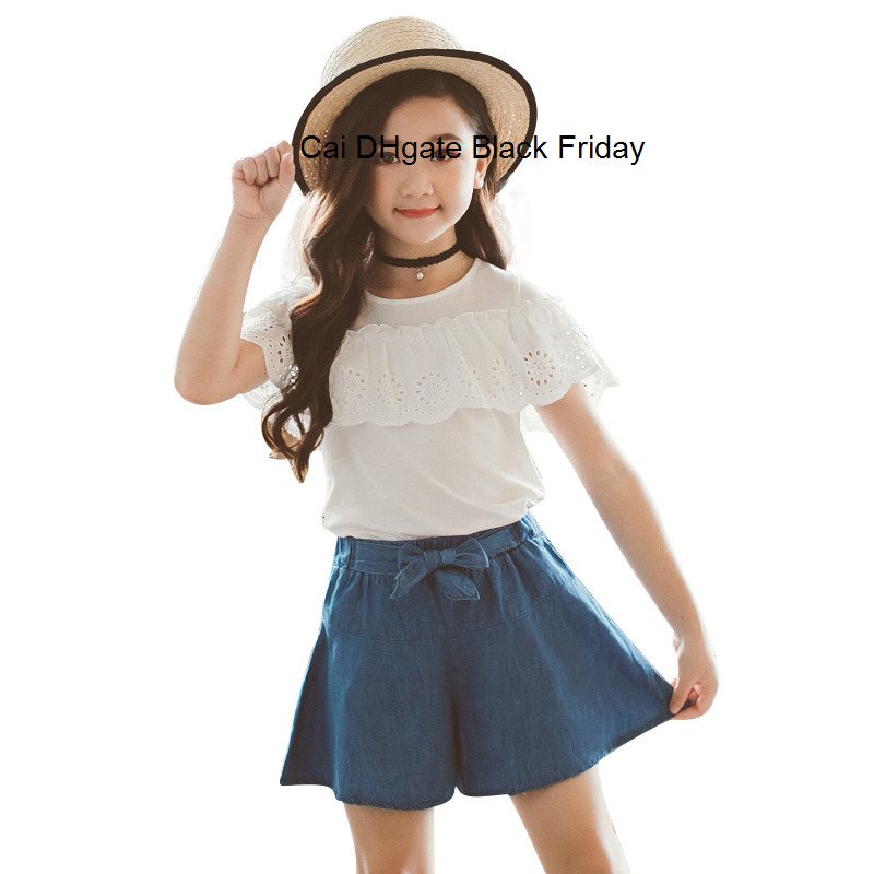 New Summer Girls Cotton Lace T-shirt + Shorts 2Pcs Clothes Set 3-13Y Child Casual Sets For Girls School Teenage Outfits Clothes