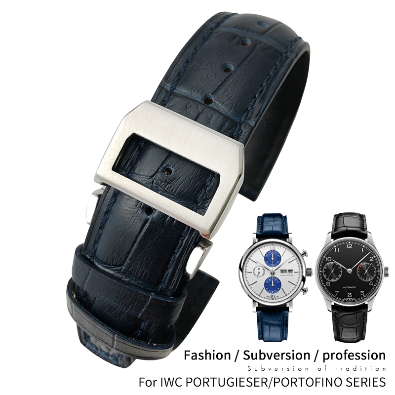 

20mm 22mm Leather Cowhide Watch Band Replacement for IWC Portugieser Porotfino Family PILOT'S Watches Black Blue Brown Strap Folding Buckle