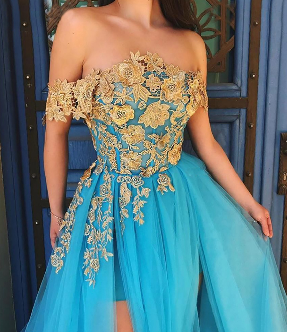 Blue Muslim Evening Dresses Lace Off the Shoulder High Slit Tulle Islamic Dubai Kaftan Saudi Arabic Long Evening Gown Prom