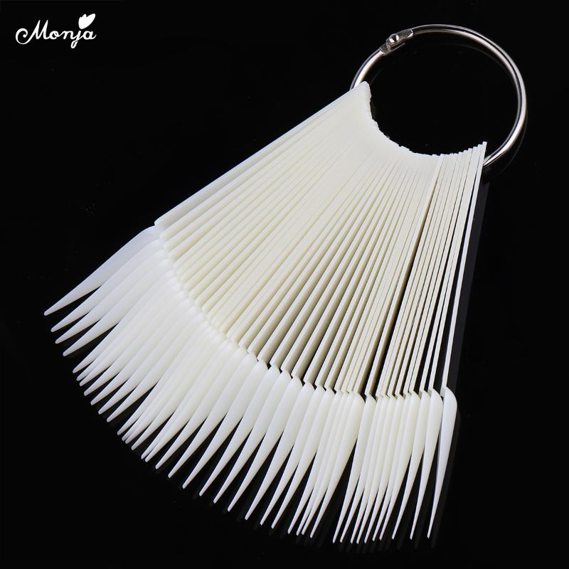 Monja 40pcs Sharp Fan Shaped Nail Art False Tips Polish Gel Color Practice Display Showing Card Sticks Manicure Tool