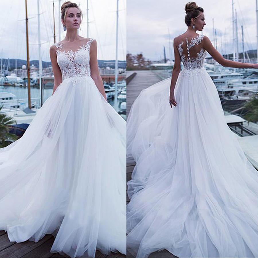 Fantastic Tulle See Through Applique Lace Jewel Neckline A-line Wedding Dresses Elegant Tulle Bridal Dresses, Silver
Fantastic Tulle See Through Applique Lace Jewel Neckline A-line Wedding Dresses Elegant Tulle Bridal Dresses, Silver