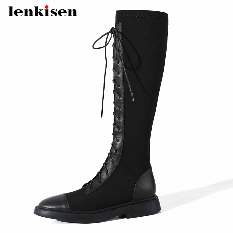 Lenkisen motorcycle boots natural leather mixed cloth cross-tied round toe thick med heel zipper young lady knee-high boots L09, Black