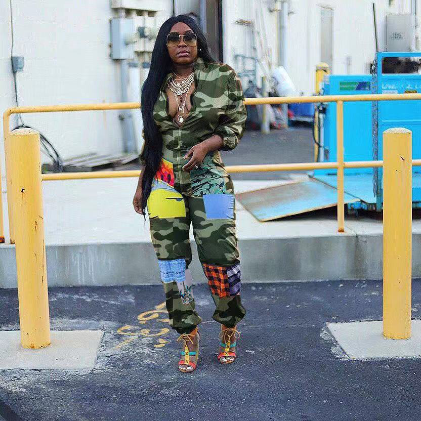 Women Colourful Printing Patchwork Night Club Jumpsuit Casual Long Sleeve O Neck Zipper Up Rompers Outfit Streetwear Overalls T200808