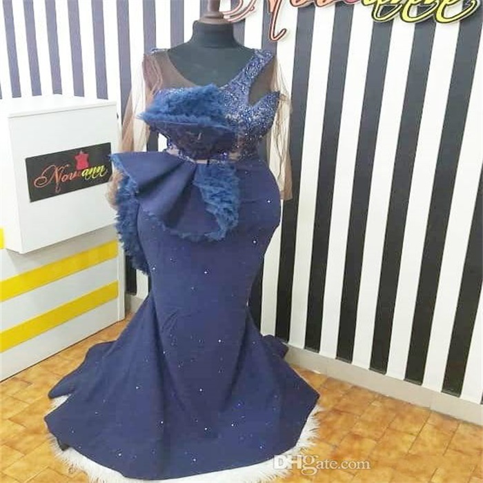 Newest Aso Ebi Evening Dresses Arabic Navy Blue Lace Beaded Mermaid Prom Dresses Sexy Formal Party Second Reception Gowns Dresses