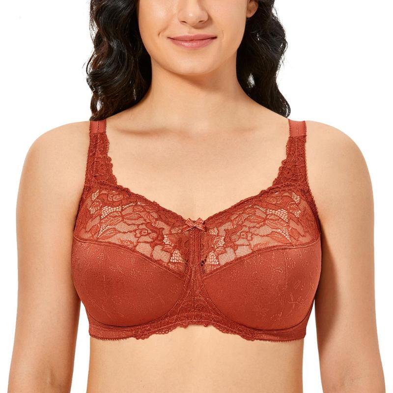 Women's Plus Size Lace Bras Unlined Wireless Full Coverage Bra, Beige02
