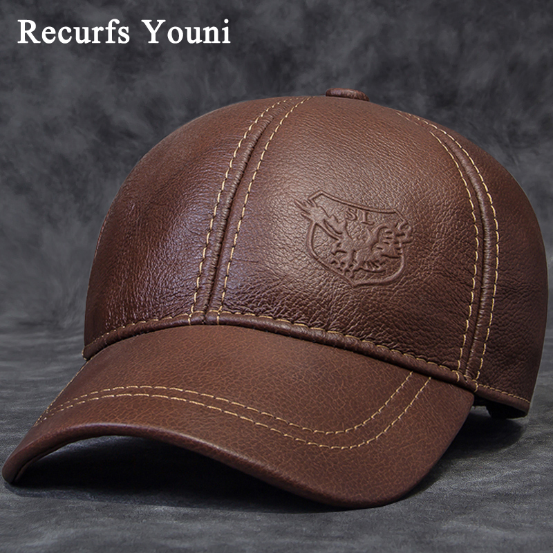2020 Winter Male Genuine Leather Eagle Print 56-60CM Black/Brown Baseball Caps For Man Casual Street Gf Gorras Dad Hat RY119 T200819