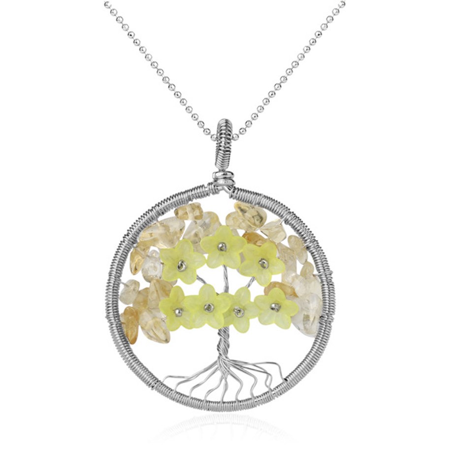 Tree of Life Pendant Necklace Natural Stone Silver Color Wire Wrap Quartz Crystal Chip Bead Flower Reiki Jewelry Women