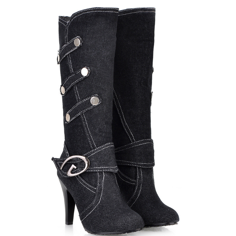 New arrivals women's fashion Denim Buckle Knee-High Round Toe high heels long Button Knight boots women shoes CX200821