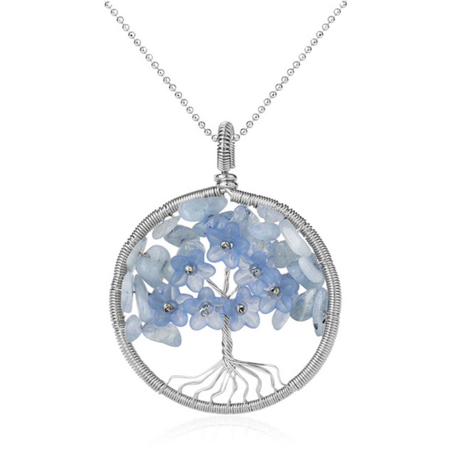 Tree of Life Pendant Necklace Natural Stone Silver Color Wire Wrap Quartz Crystal Chip Bead Flower Reiki Jewelry Women