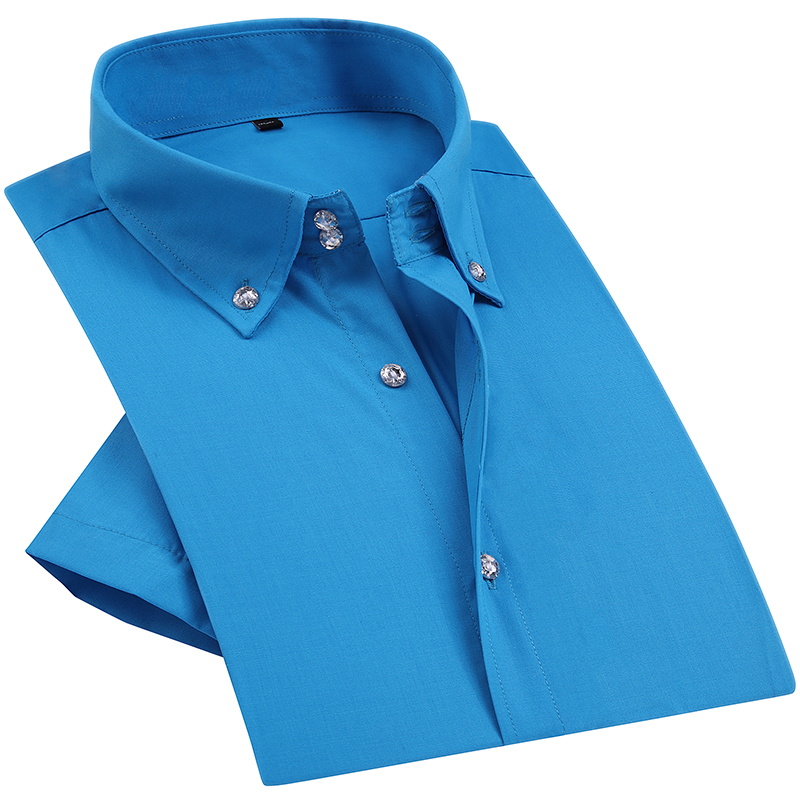 Summer Smart Casual Diamond Buttons Mens Dress Shirt White Short Sleeve High Collar Slim Fit Stylish Business Shirts 200925