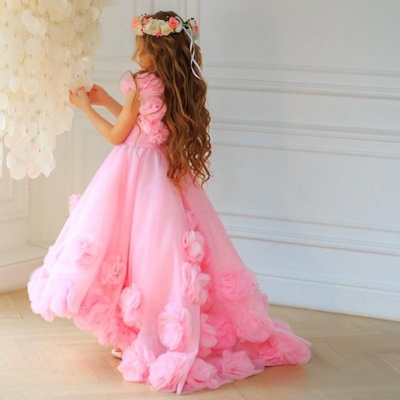 Hot Pink Cute Flowers Girls Dresses 3D Flower Appliques Floor Length Kids Teens Pageant Gowns Birthday Party Dress For Wedding