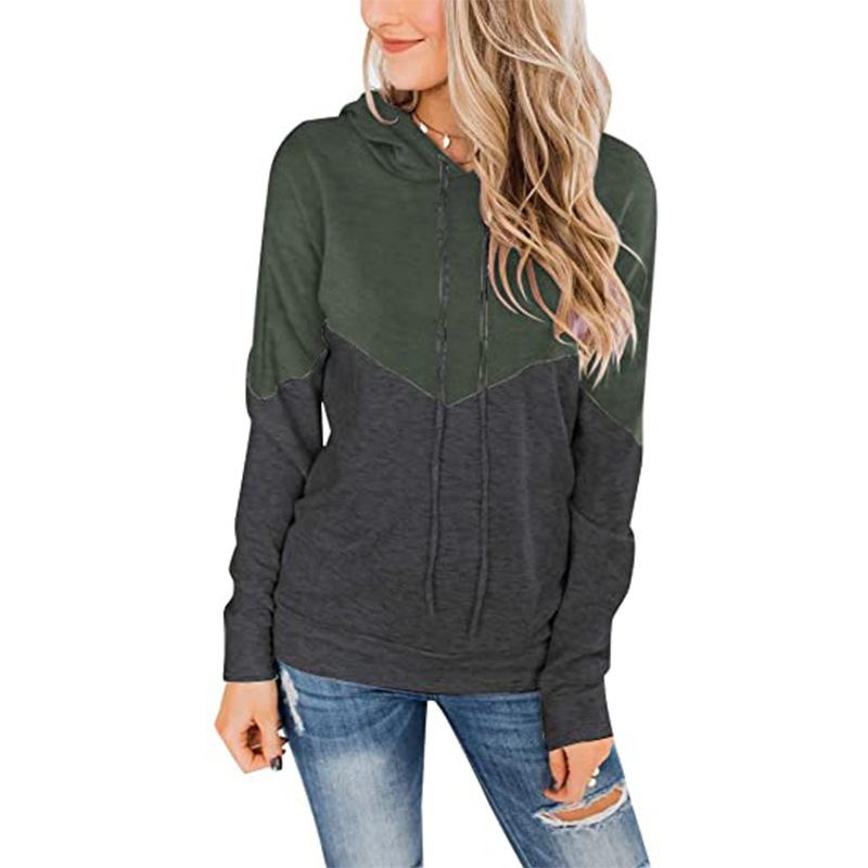 Spot Hoodies European and American tops women's casual style hooded drawstring contrast color long-sleeved sweater