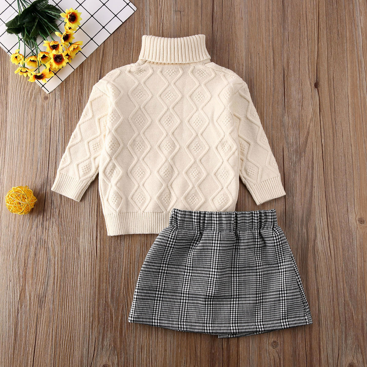2021 Newest Hot 2PCS Toddler Baby Girl Autumn Winter Clothes Set Turtleneck Knitted Sweater Tops+Plaid Pencil Skirt 2pcs OutfitX1019