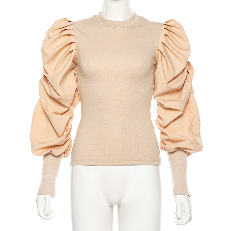 Joskaa Elegant Puff Long Sleeve Blouse Shirts Chic Patchwork Knitting Pullover Sweater Top Casual Streetwear Outfits Slim Blusas T200808