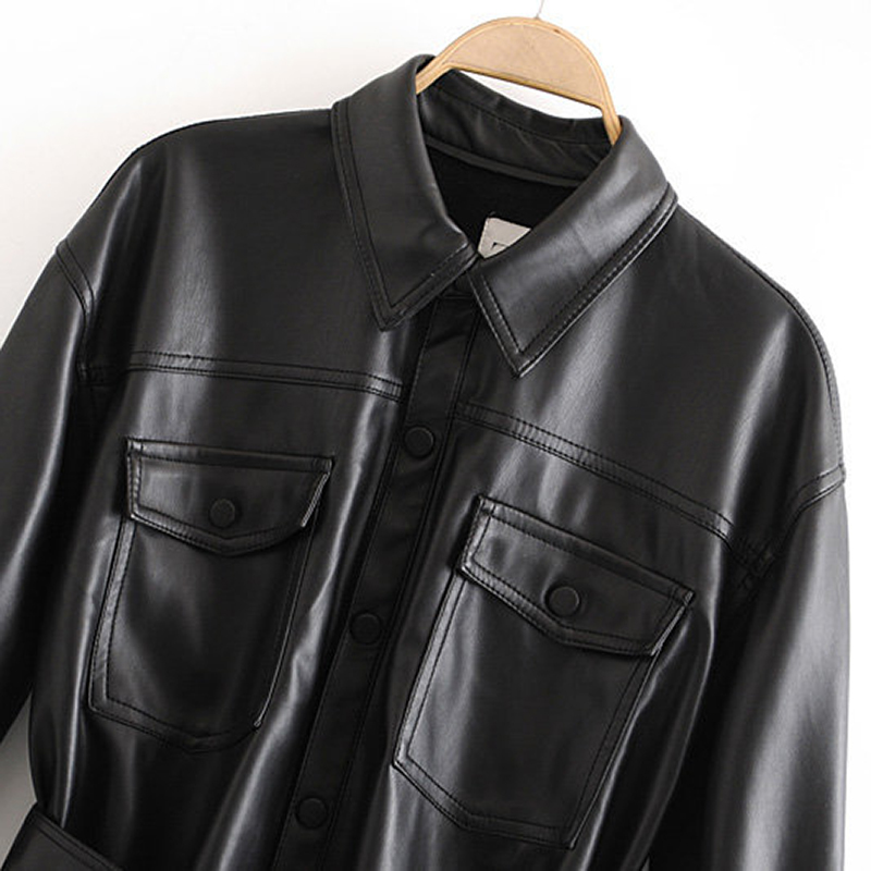 Pu Leather Coat Women Winter Single Breasted Long Sleeve Solid Female Coat With Belt Vintage Pockets Buttons Outwear Ladies Tops 210414