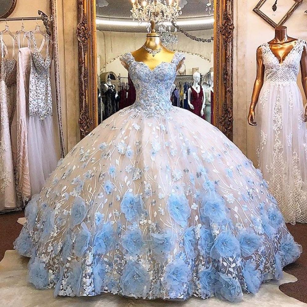 2021 Baby Blue Sweet 16 Quinceanera Dresses For Girls 3D Flowers Lace Sweetheart Lace-up Ball Gown prom dress vestidos de 15 años