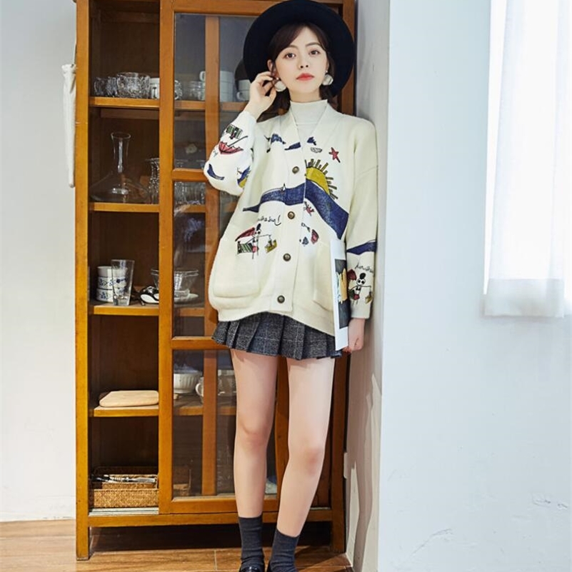 YoYiKamomo Spring Woman Knitting New Japanese Mori Girl V-neck Jacquard Cardigan Sweater Winter Y200819