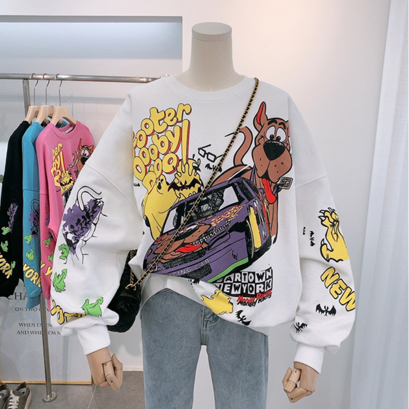 Women Hoodies Autumn Funny Cartoon Car & Dog Print Sweatshirt Oversized Streetwear Sweatshirts Hip Hop Cool Pullover Tops 200922