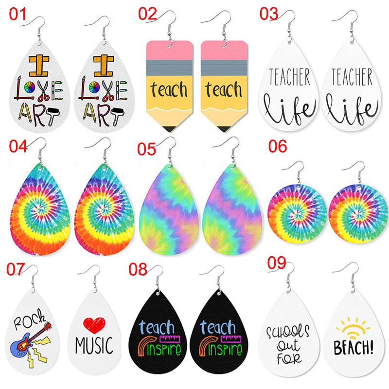 New Fashion Cute Printed Pencil Rainbow Color Leather Earring I Love Music Art Earrings School Teacher Students Appreciation Jewelry Gift