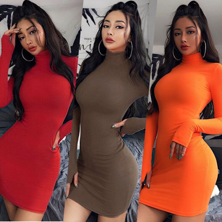 Women Knit Pencil Dresses Sexy&club Mini Dress Girl Long Sleeve Turtle Neck Autumn Bodycon Dresses Female Empire 9 Pure Colors Hot Selling