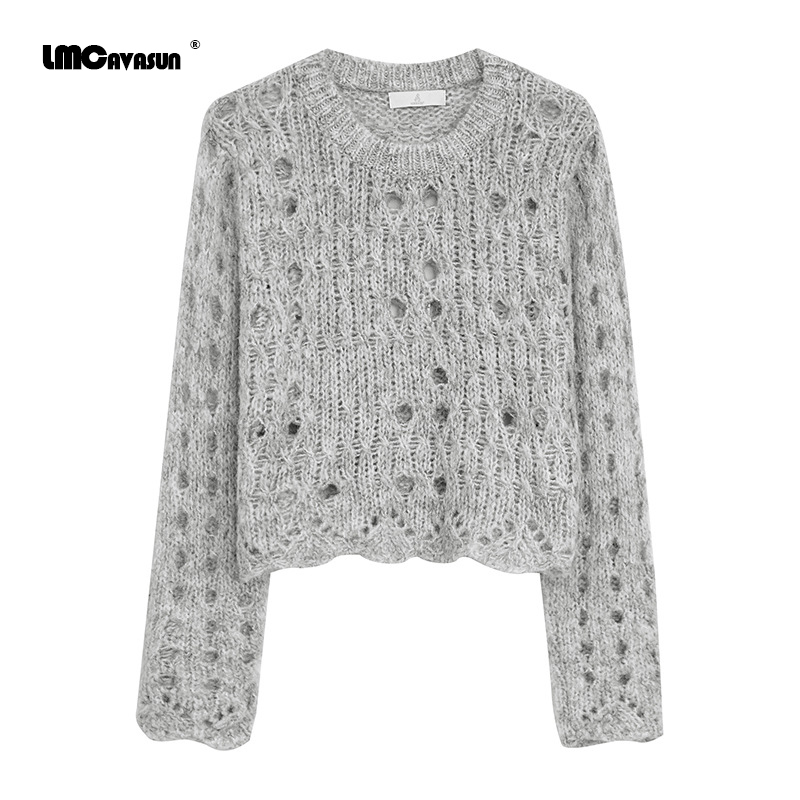 LMCAVASUN New autumn Simple pullover Round neck Loose Long sleeve Women's ripped sweater Gray green black M370