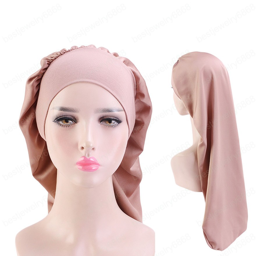 New Women Wide Band Satin Bonnet Sleep Night Cap Silk Long Tube Beauty Ladies Hair Care Caps Hair Protector
