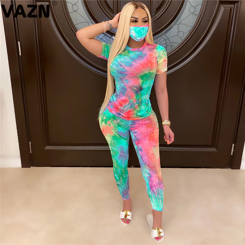 VAZN 2020 STie Dye Print Colorful Sexy Tops Leggings 3 Pieces Set With Mask Casual Beach Clothing Ladies Women Sets T200817