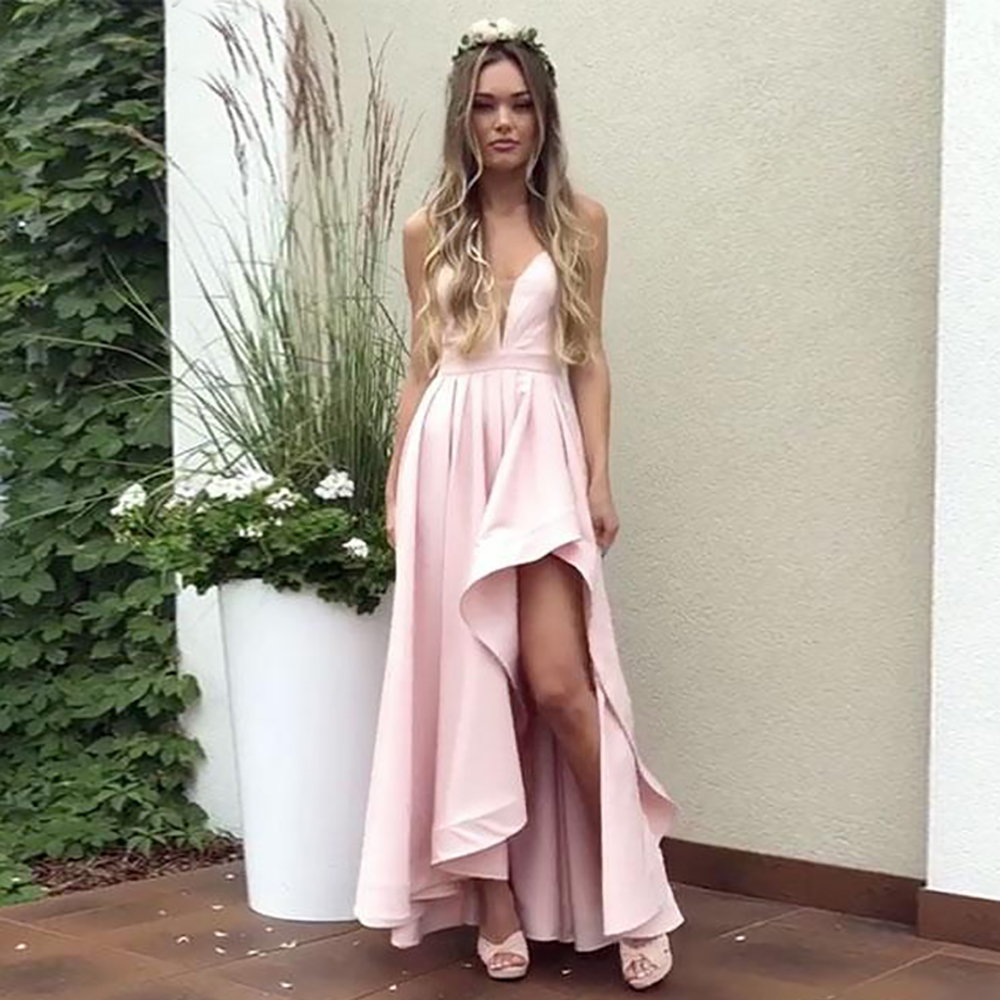 New Beautiful A-Line Spaghetti Straps High Low Dress Party Gown vestidos de graduacion Pink Prom Evening Dress