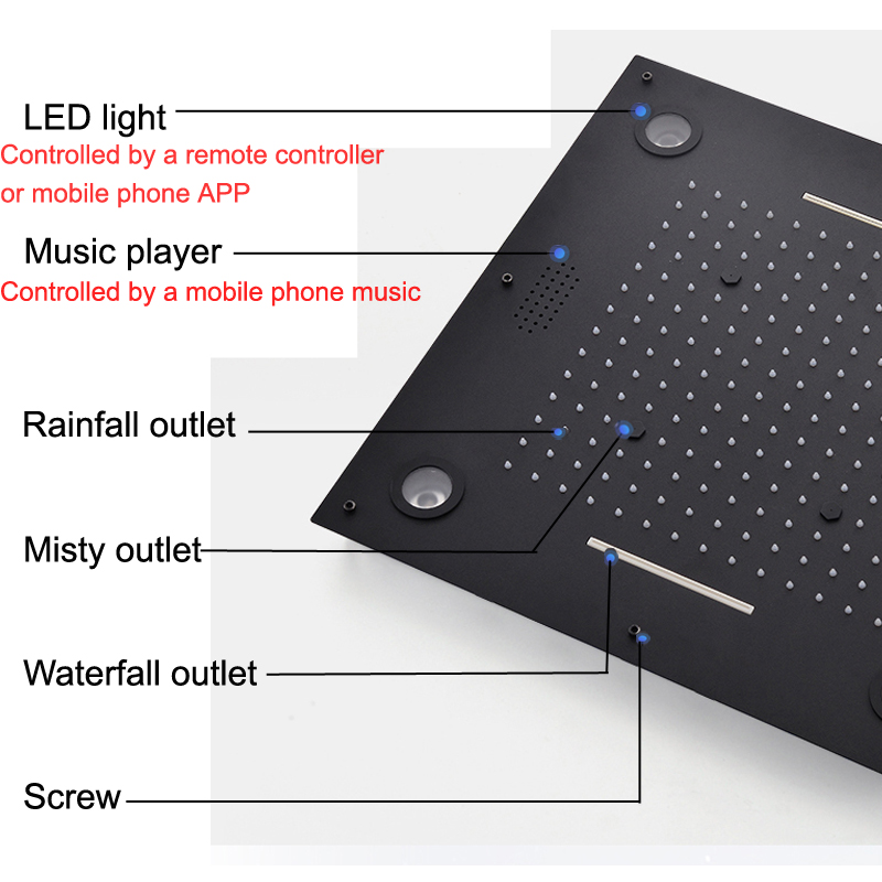 Bluetooth Music Shower Head Bathroom Ceiling LED Shower Set Rainfall Waterfall Black Showerhead Faucets Thermostatic Concealed Mixer