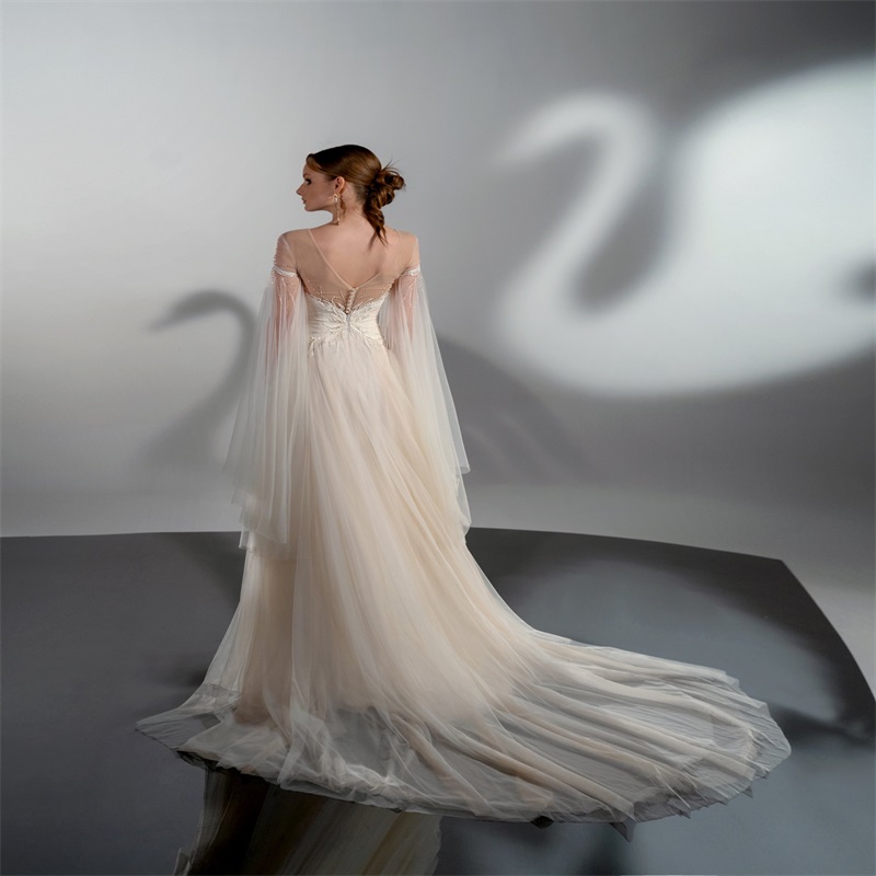2025 Newest Papilio A-line Gorgeous Wedding Dresses Illusion Long Sleeves Appliqued Ruched Tulle Bridal Gown Church Vestido de novia