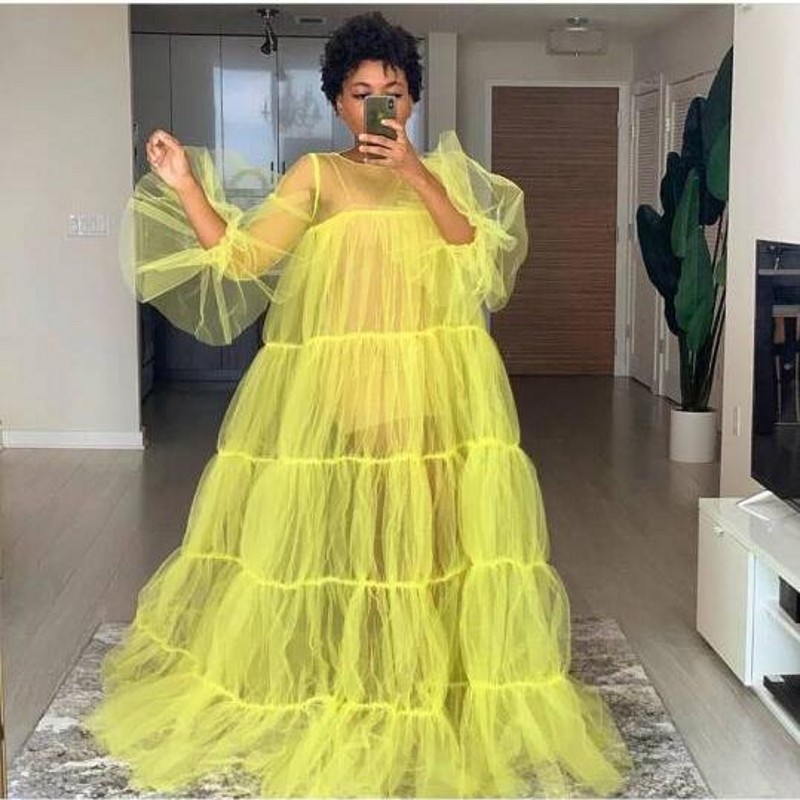 See Through Bright Yellow Evening Dresses Full Sleeve Cheap Prom Dress Tulle Dubai Afrabic Formal Party Wear vestido de festa