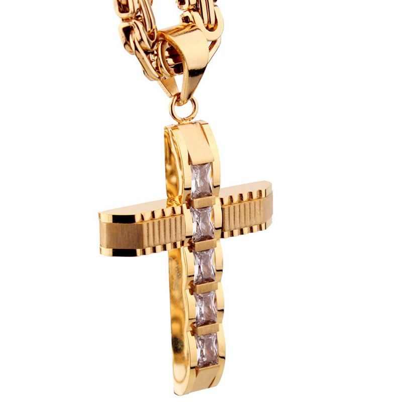 Mens Stainless Steel Gold Cross Zircon Pendant Necklace Flat Chain Tone 6mm 22inch
