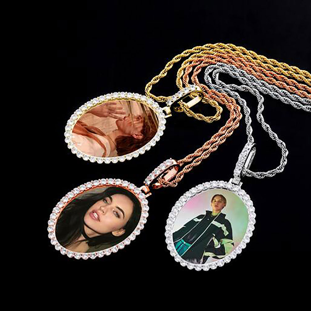 14K Gold Custom Made Memory Picture Po Pendant Iced with 18quot 20quot 24quot Rope Chain Necklace Zircon Bling Mens Hip h