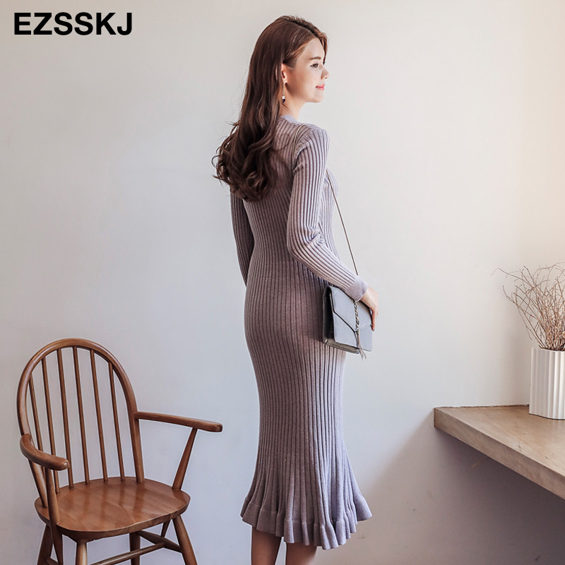 autumn winter thick mermaid maxi sweater dress women o-neck long sweater dress elegant female a-line slim sexy knit dress