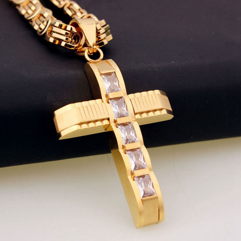 Mens Stainless Steel Gold Cross Zircon Pendant Necklace Flat Chain Tone 6mm 22inch