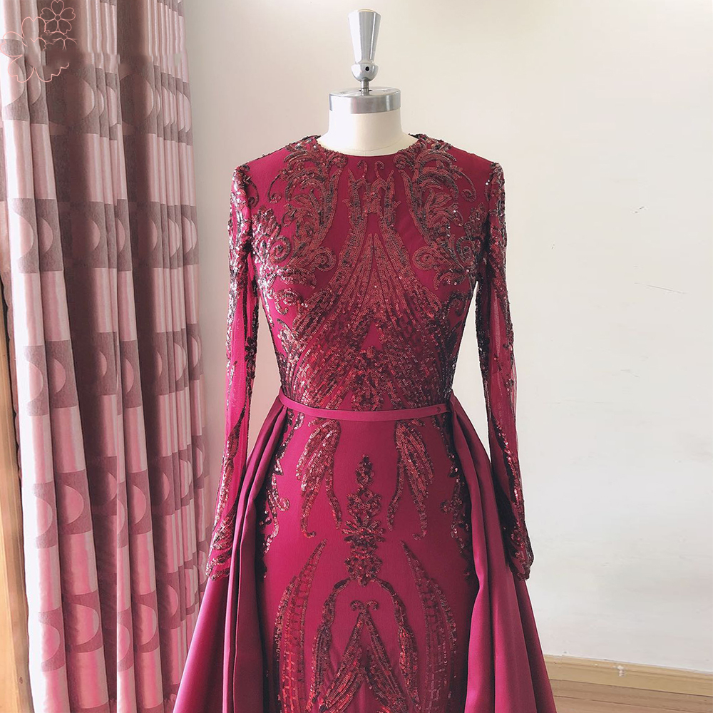 Elegant Rose Pink Mermaid Muslim Hijab Lace Prom Dresses With Detachable Train Long Sleeve Dubai Women Wear Formal Evening Gown Party Dress