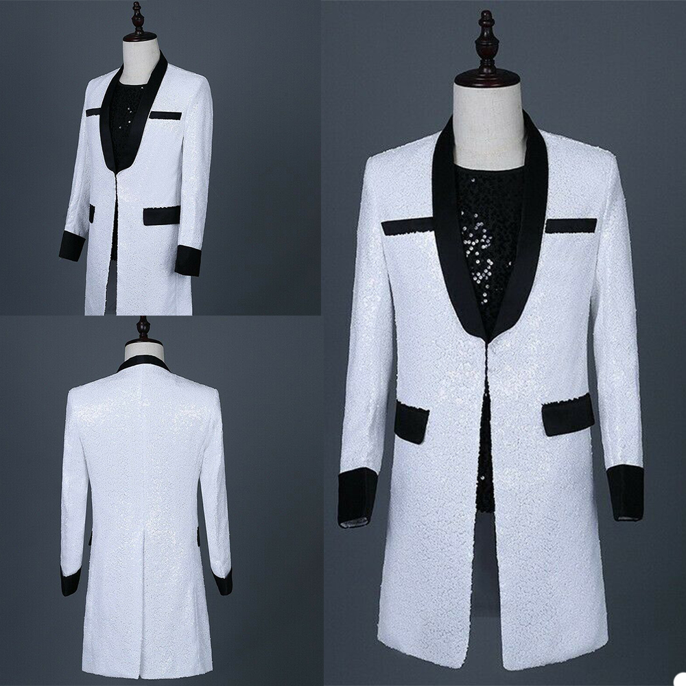 Wedding Groom Tuxedos Sequings White & Black One Piece Mens Coat Magician Performance CostumeTuxedos Cheap Stock XXXL