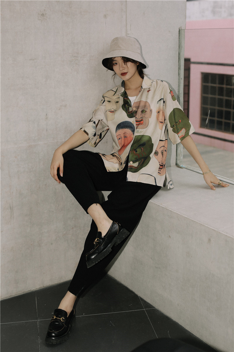 CHEERART Japanese Streetwear Ukiyoe Print Summer Blouse Women Collared Button Up Shirt Short Sleeve Top And Blouse Clothing LJ200810 - view 6