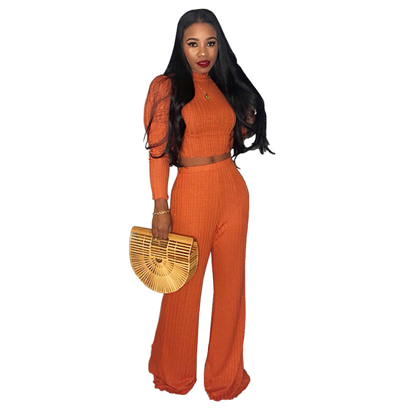 Casual Women Two Piece Set Sweater Top and Pants Set Turtleneck Long Sleeve Crop Top Wide Leg Pants Elastic Waist Suit Outfits T200808
