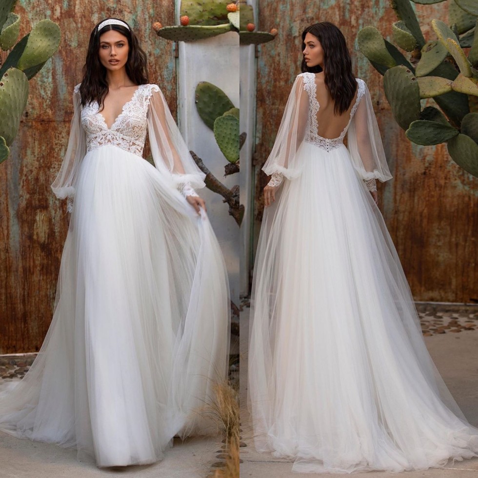 Lace Backless Stunning Wedding Dresses V Neck A Line Long Sleeves Bridal Gowns Sweep Train Tulle Robe De Marie