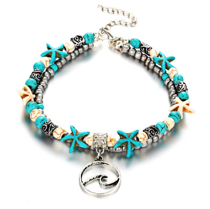 Double Anklet Conch Starfish Rice Bead Yoga Beach Turtle Pendant Anklet Bracelet GD543