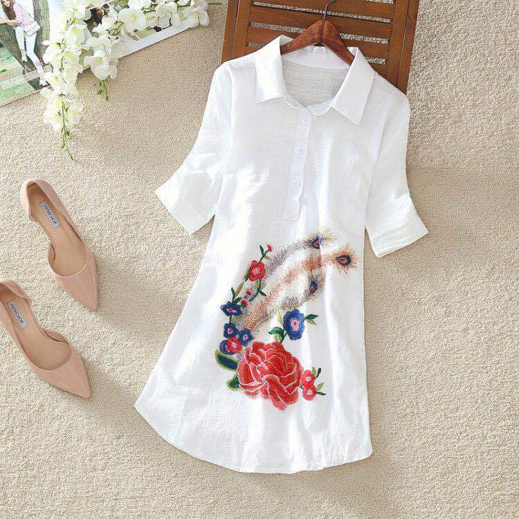 White Long Shirt Women Office Blouse Plus size Cotton Linen Vintage Embroidery Short sleeve Ladies Summer Tops Casual 4XL 5XL Y200828