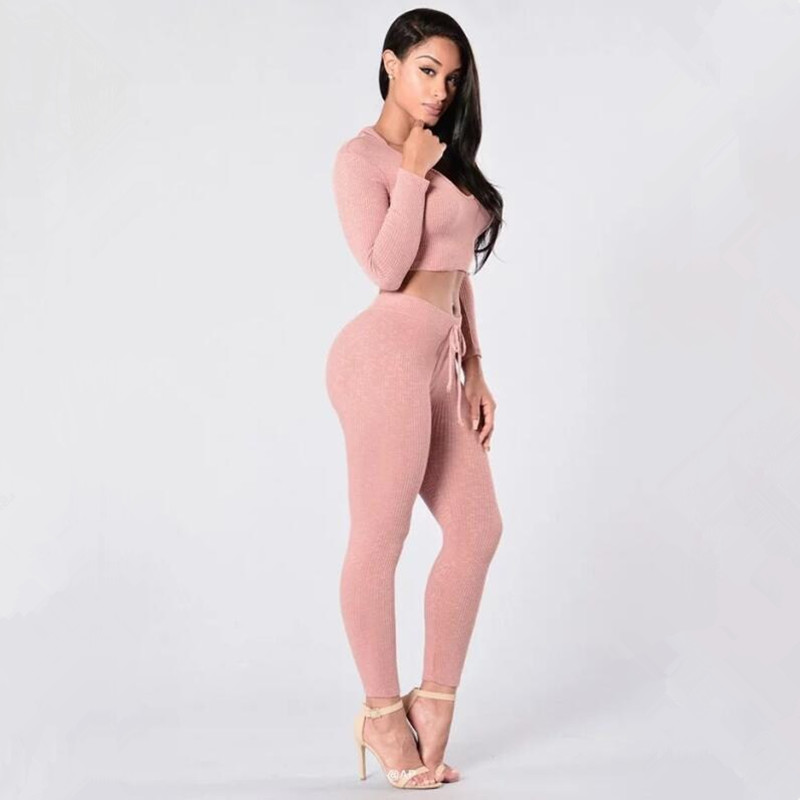 Women Tracksuits New Trend hooded hoody pink sexy Knit Cotton Sweatshirt Sets Short Tops and long pants elastic slim Drawstring Sportswear