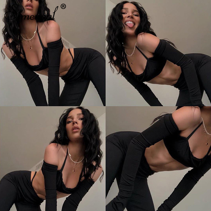 Simenual Sexy Bodycon Biker Shorts Two Piece Set Women Long Sleeve Halter Off Shoulder Outfits Party Clubwear Slim Matching Sets T200808