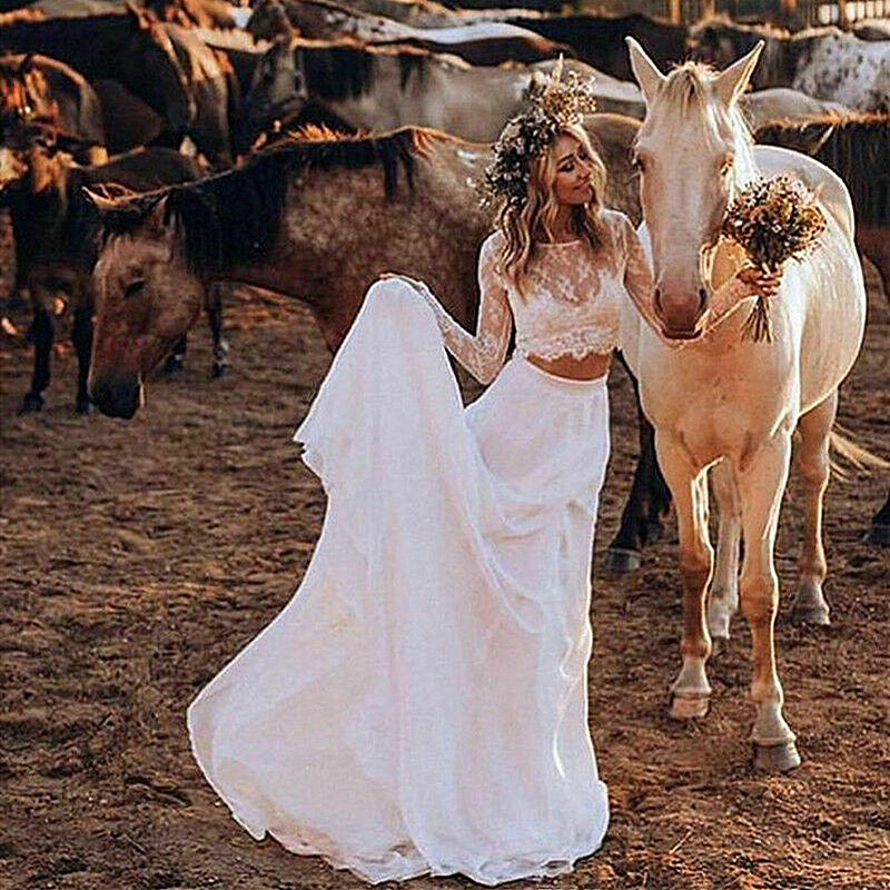 Rustic Two Piece Wedding Dresses Cheap Lace Chiffon Boho Beach Bridal Gowns Long Sleeves Illusion Country Bride Dress Vestidos De Novia