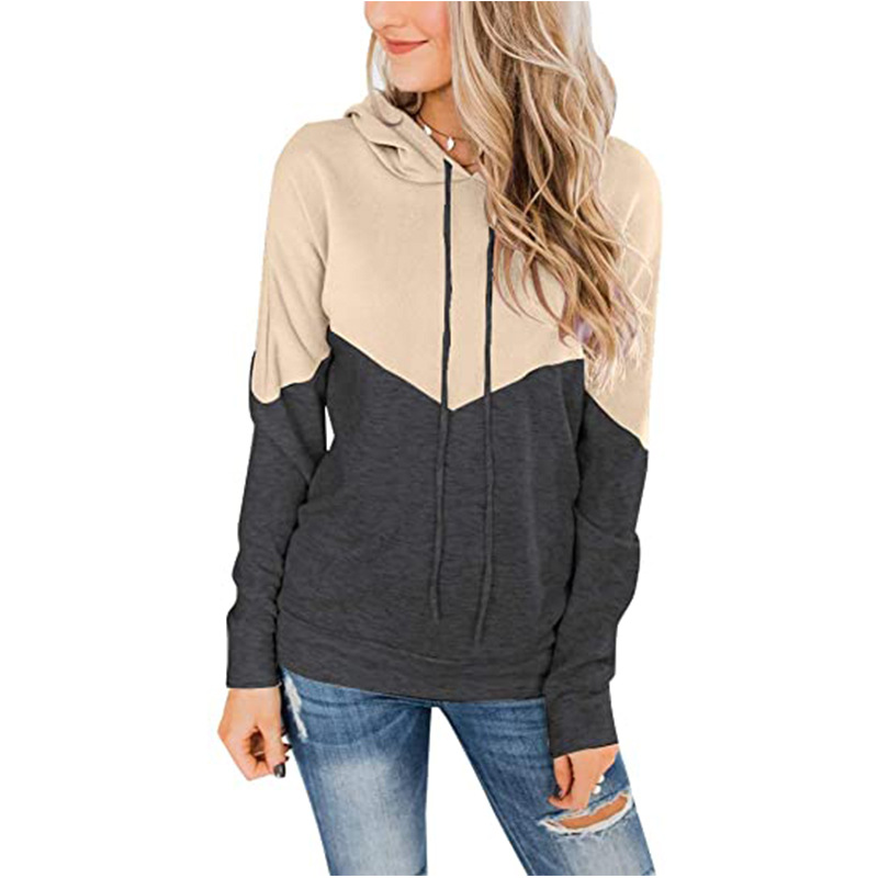 Spot Hoodies European and American tops women's casual style hooded drawstring contrast color long-sleeved sweater
