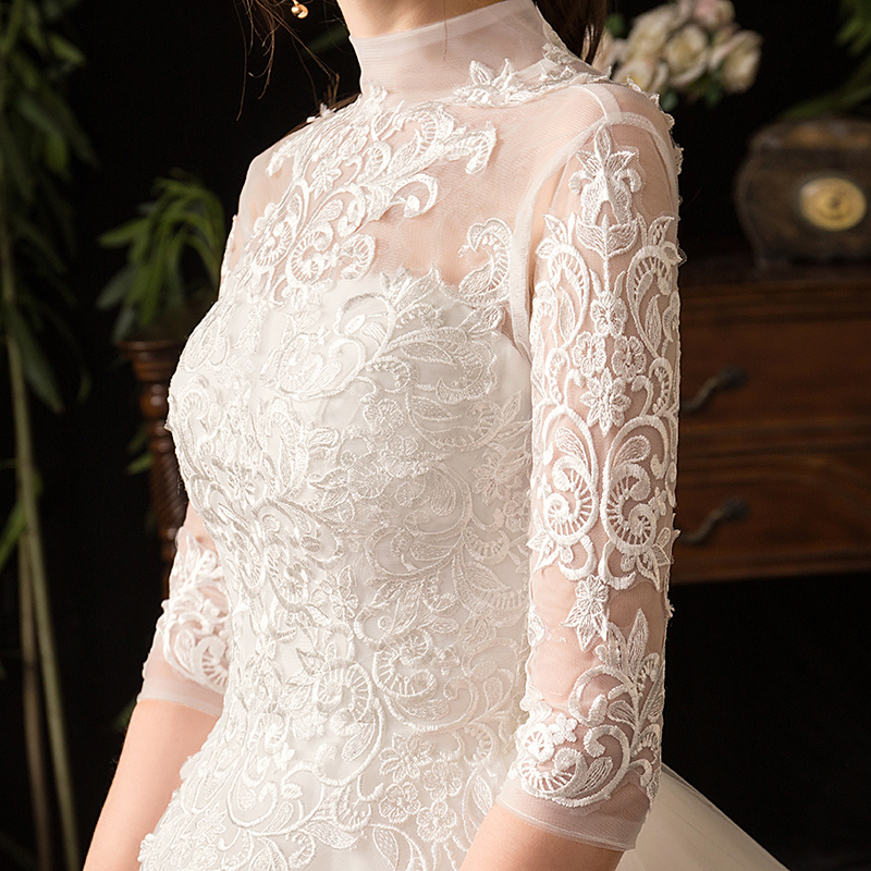 Half Sleeve wedding Dress with 100cm Train Vestido De Novia New Winter vintage High Neck Backless Lace Ball Gown Plus Size