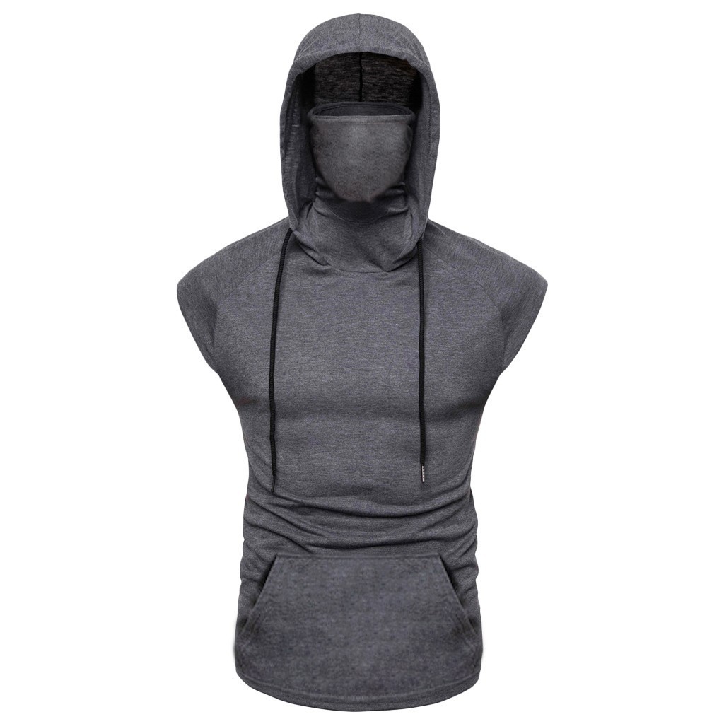 Men's Fashion Hooded Mask Tank Tops Hoodie Sleeveless Tops Male Bodybuilding Workout Tank Top Muscle Fitness Gym Clothing Summer MX200815